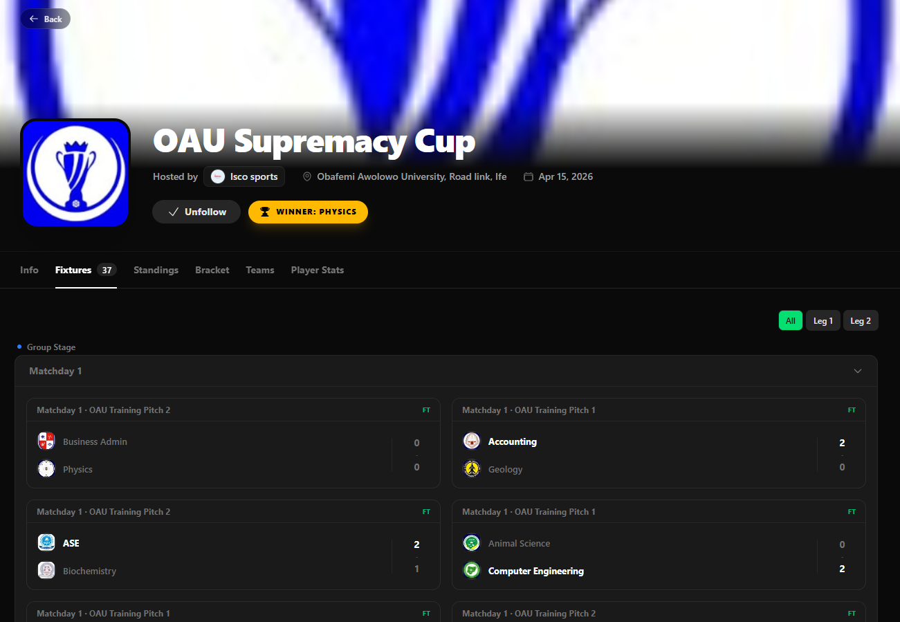 ParaScores tournament page view